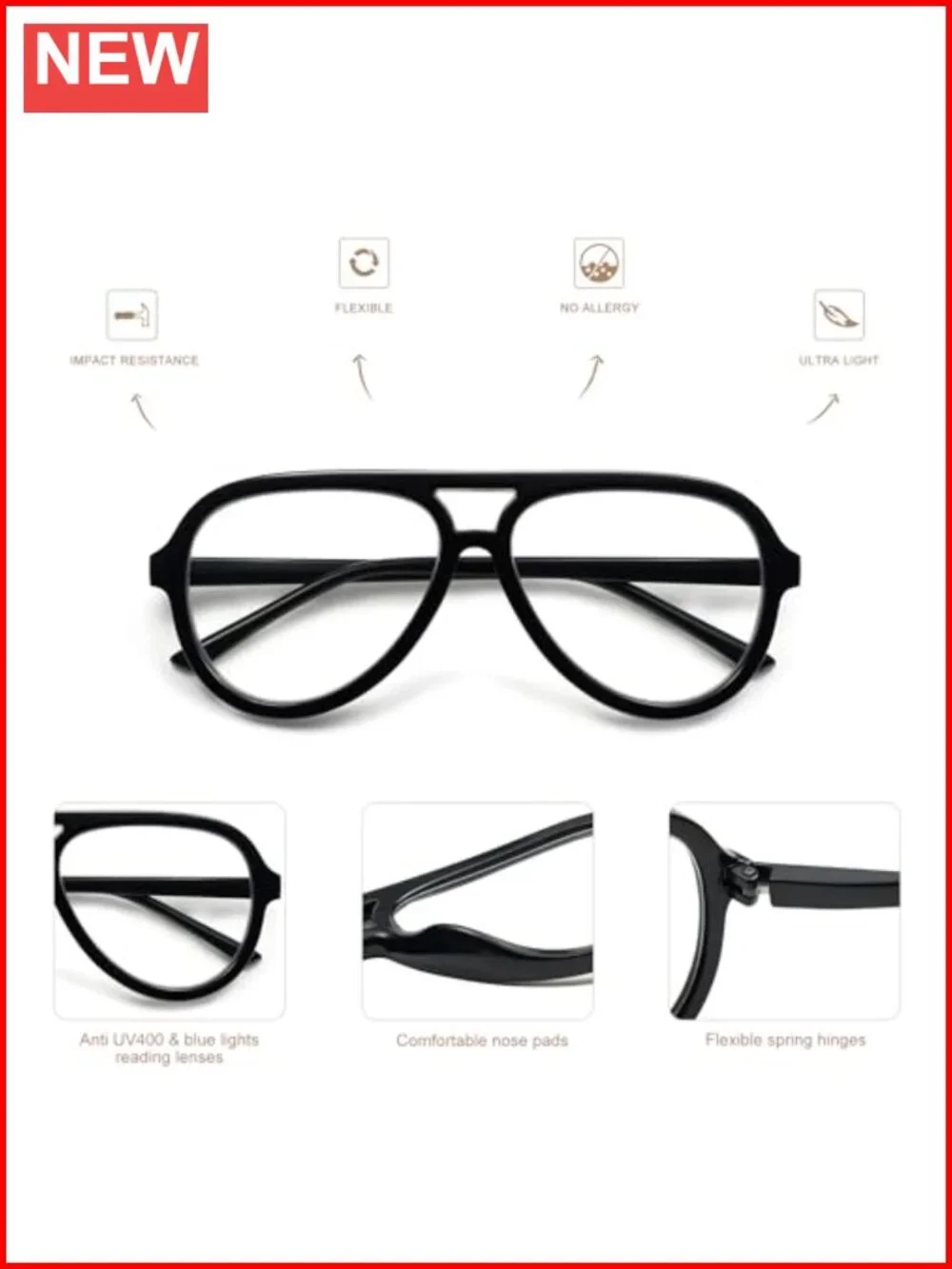3 Pack Oversized Aviator Reading Glasses, Blue Light Blocking with Spring Hinges